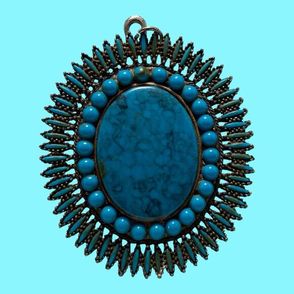 Vintage Ornate Silver-Tone Faux Turquoise Starburst Pendant 3” No Chain Read - Picture 1 of 11